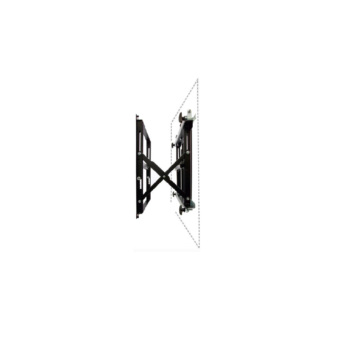 Staffa da muro nera per TV con braccio estensibile a forma di X.
