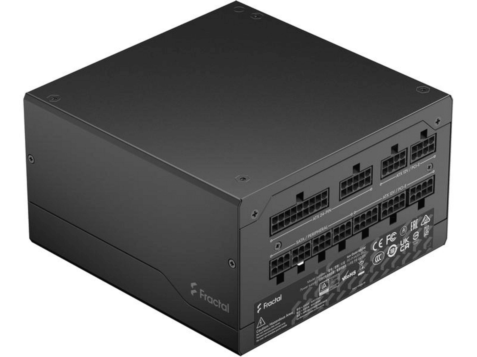 Alimentatore Fractal Design nero con connettori modulari su superficie bianca.