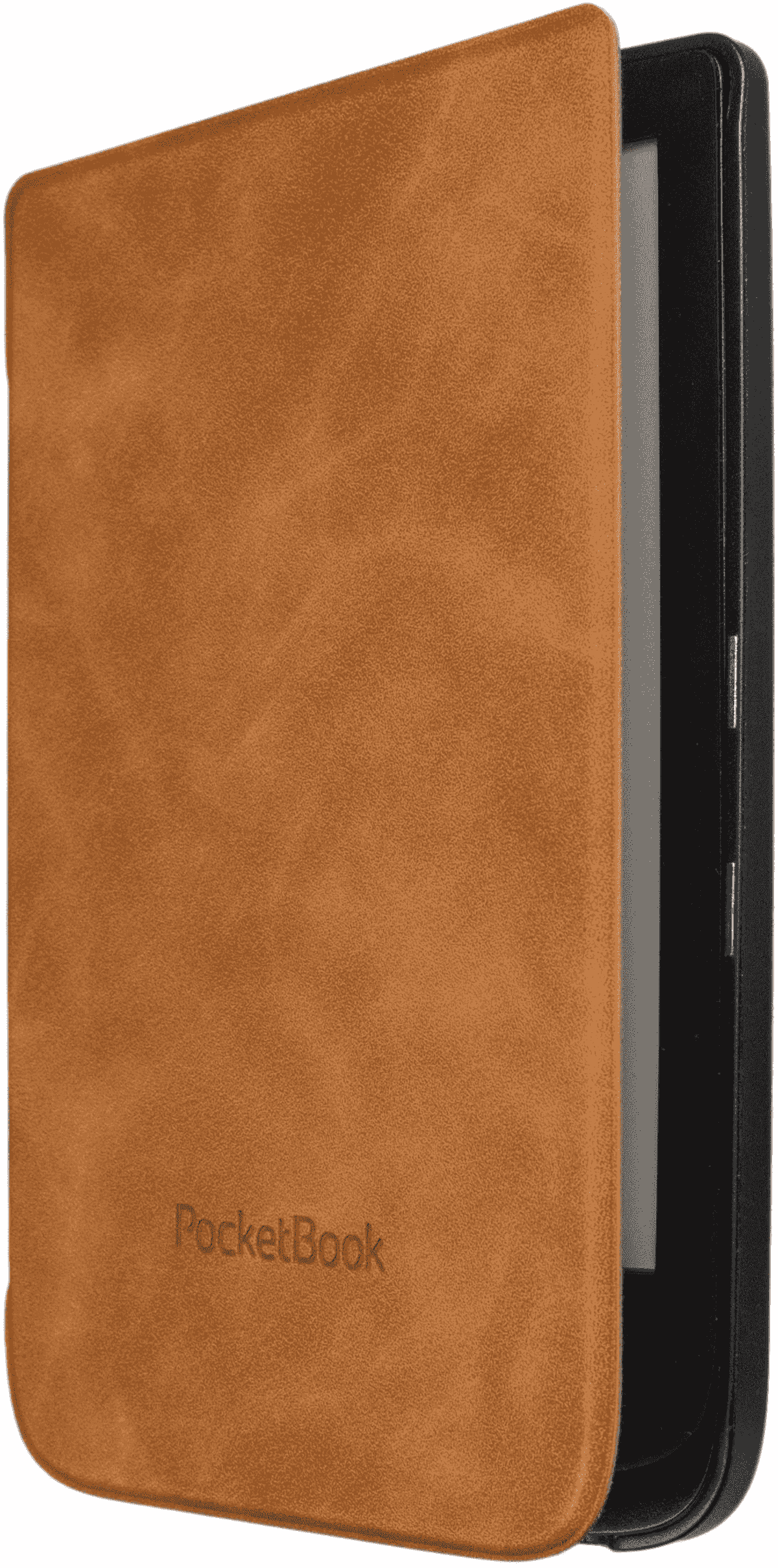 Un lector de libros electrónicos negro en una funda de cuero marrón con el logotipo de PocketBook.