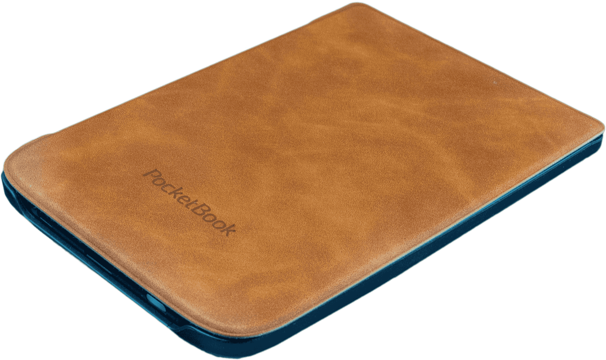 Un lector de libros electrónicos PocketBook con funda de cuero marrón.