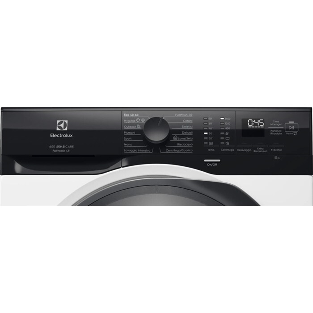 Pannello di controllo di una lavatrice Electrolux bianca e nera con manopola centrale e display digitale.
