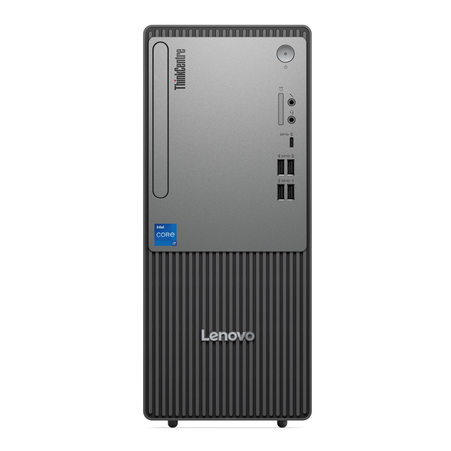 USB bağlantı noktaları, disk sürücüsü ve Intel Core i7 etiketine sahip gri bir Lenovo ThinkCentre masaüstü PC'nin ön görünümü.