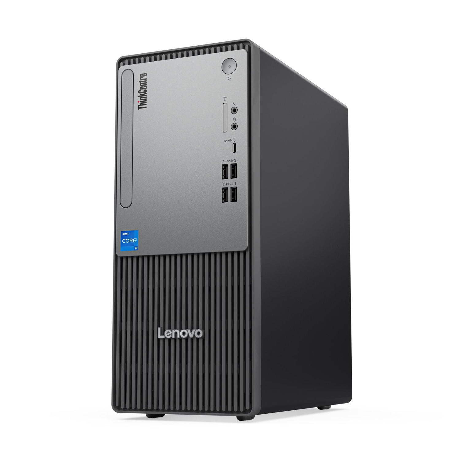 Beyaz arka plan önünde duran siyah ve gri renkli bir Lenovo ThinkCentre masaüstü bilgisayar kasası.