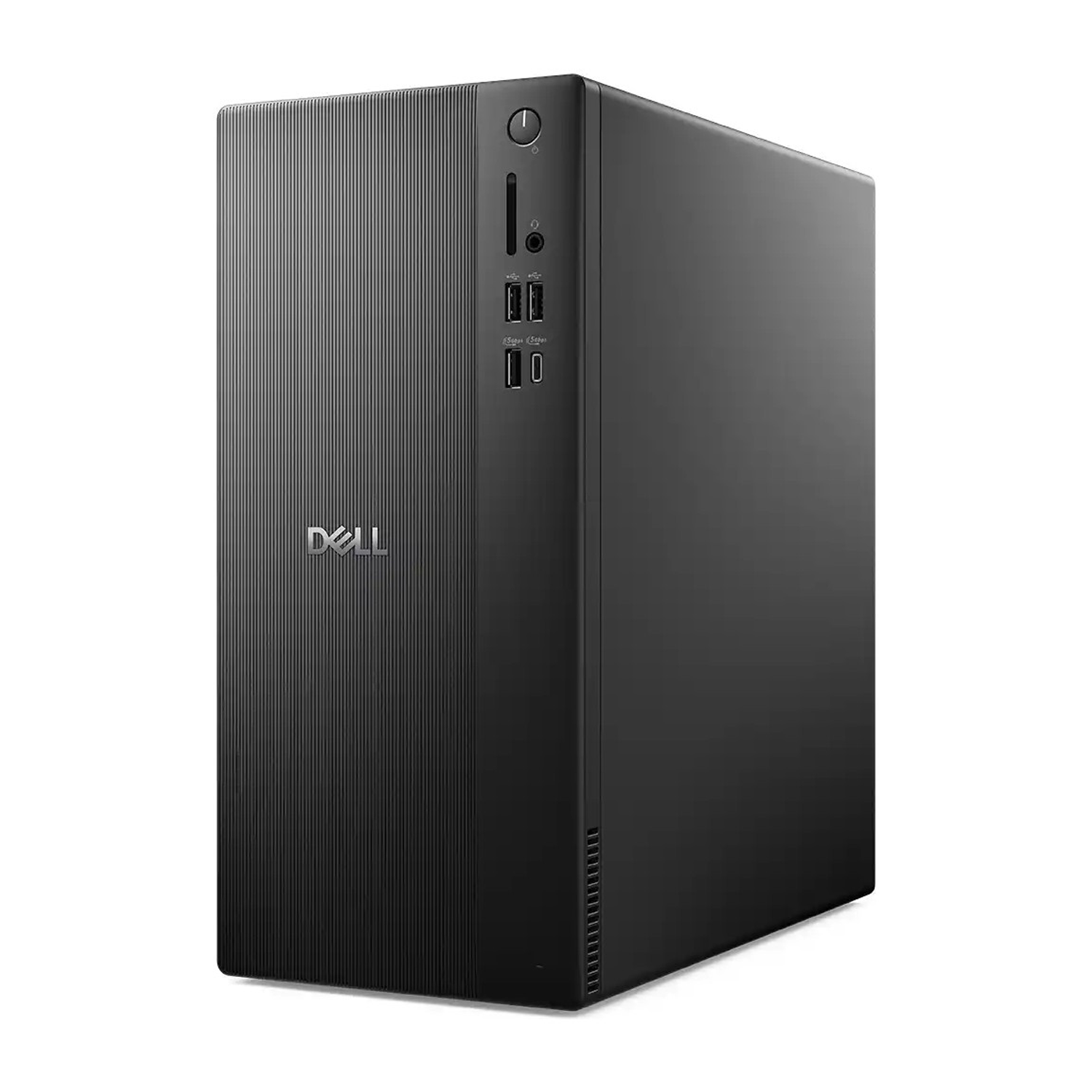 Beyaz arka plan üzerinde dokulu ön paneli, USB bağlantı noktaları ve güç düğmesi bulunan siyah bir Dell masaüstü bilgisayar.