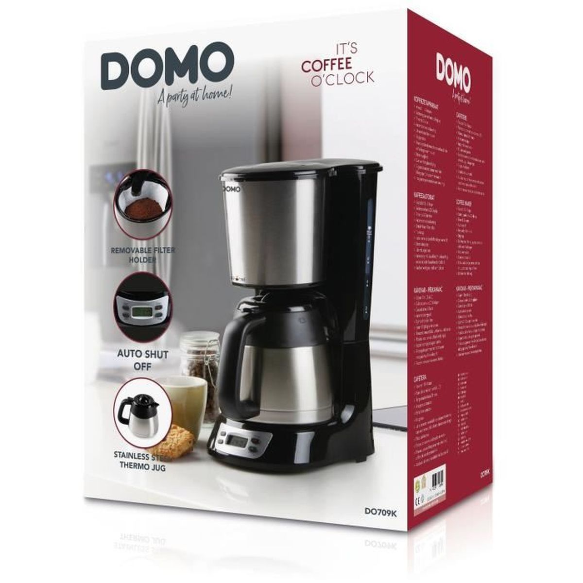 Eine Domo-Kaffeemaschinenbox mit einer schwarz-silbernen Maschine, Thermokanne und Produktmerkmalen.