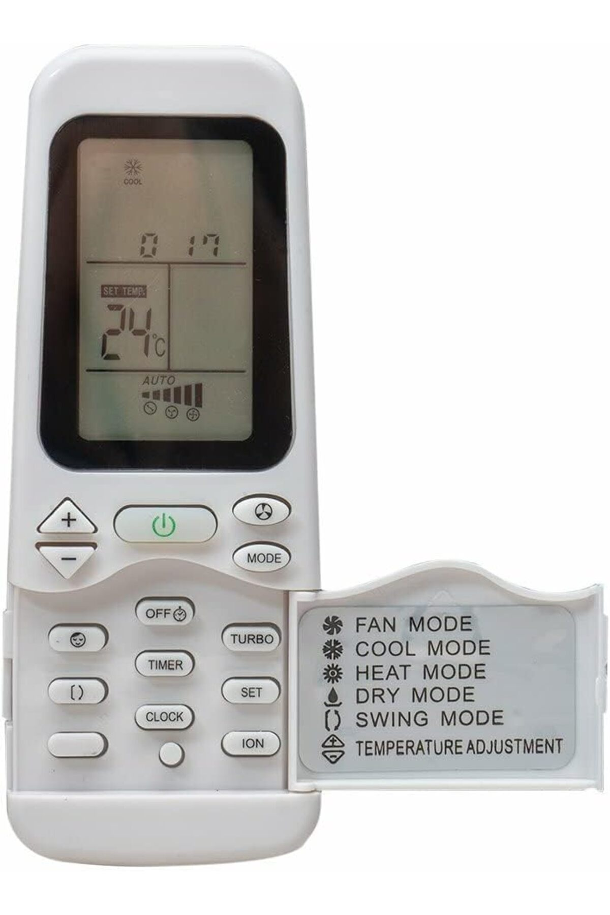 LCD ekranlı ve açık kapaklı beyaz klima uzaktan kumandası.