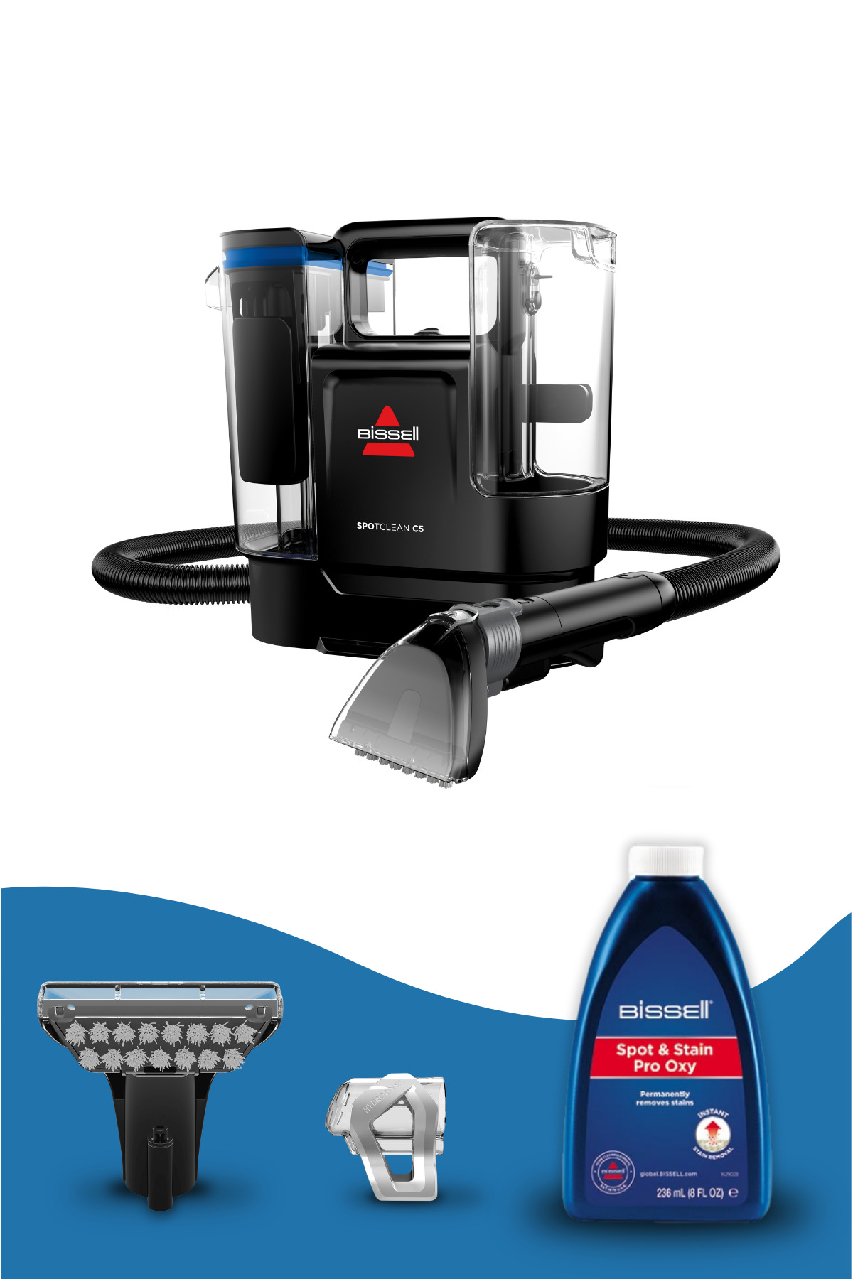 Pulitore per tappeti portatile Bissell SpotClean C5 con tubo, due accessori e una bottiglia di detergente.