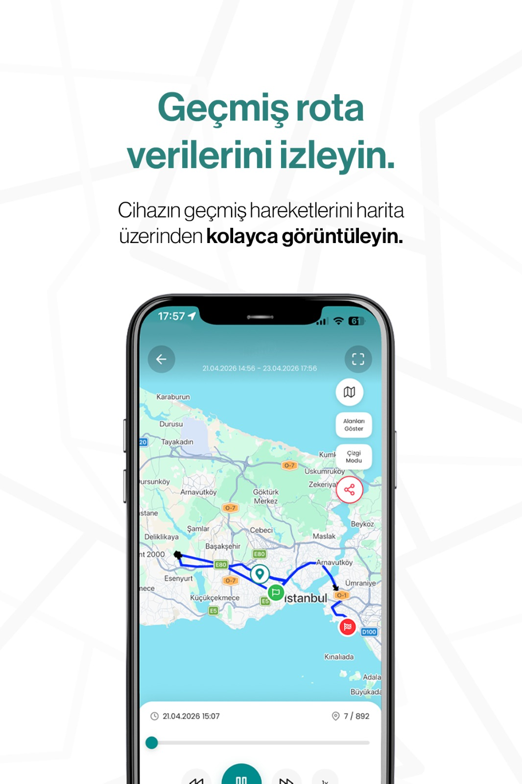 İstanbul'un rota geçmişi verilerini ve üzerinde Türkçe metin gösteren akıllı telefon ekranı.