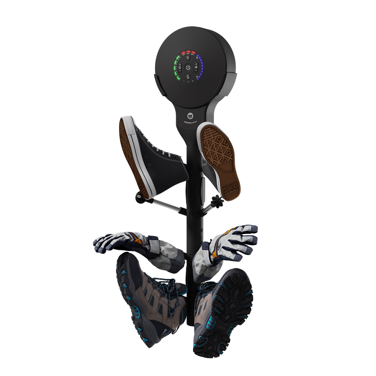Schwarzer Schuh- und Handschuhtrockner mit LED-Display, auf dem Schuhe und Handschuhe trocknen.