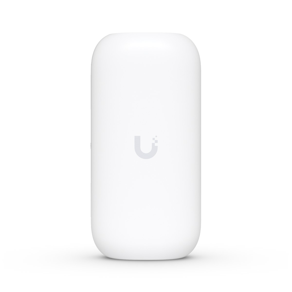 Un dispositivo elettronico bianco e arrotondato con un logo sottile su sfondo bianco.