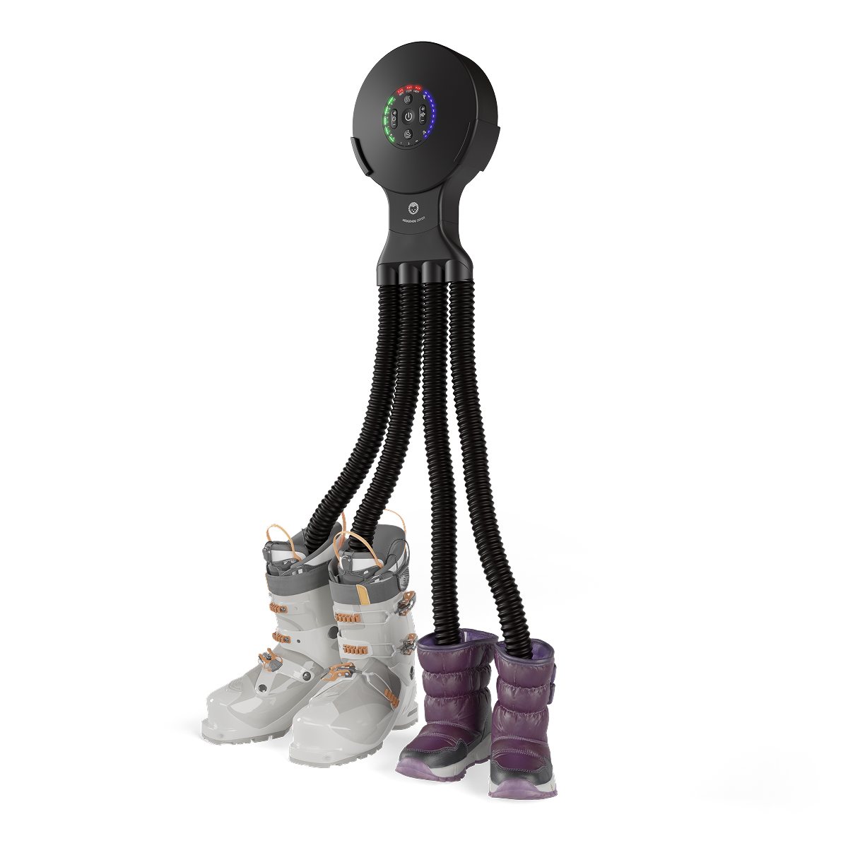 Ein schwarzer Schuhtrockner mit vier flexiblen Schläuchen trocknet zwei Paar Stiefel.