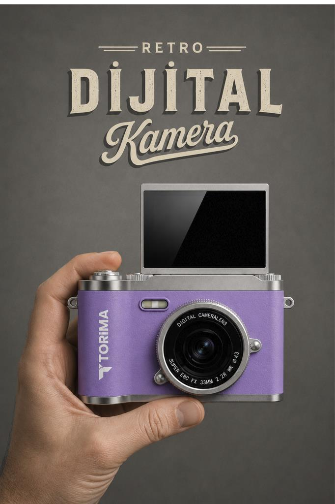 Bir el, gri arkaplanda açılır ekranlı mor bir retro dijital kamera tutuyor.