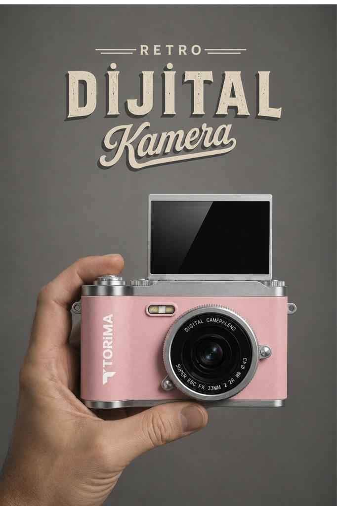 Bir el, üzerinde yazı bulunan, açık ekranlı pembe Torima retro dijital kamerayı tutuyor.