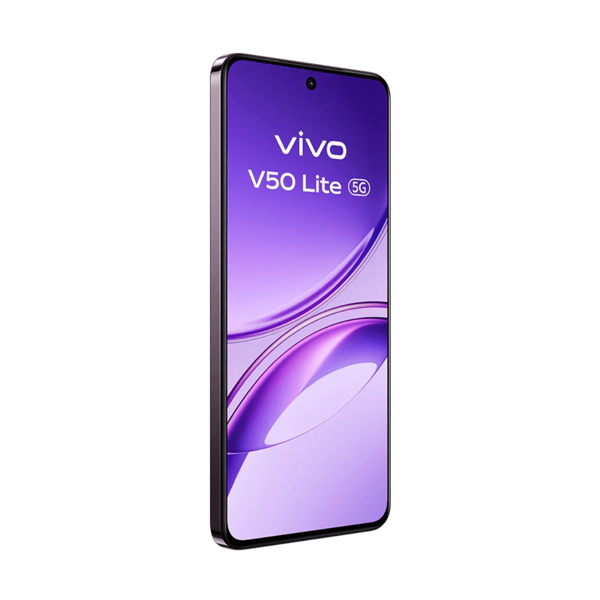 Uno smartphone viola Vivo V50 Lite 5G inclinato verticalmente con uno sfondo viola.