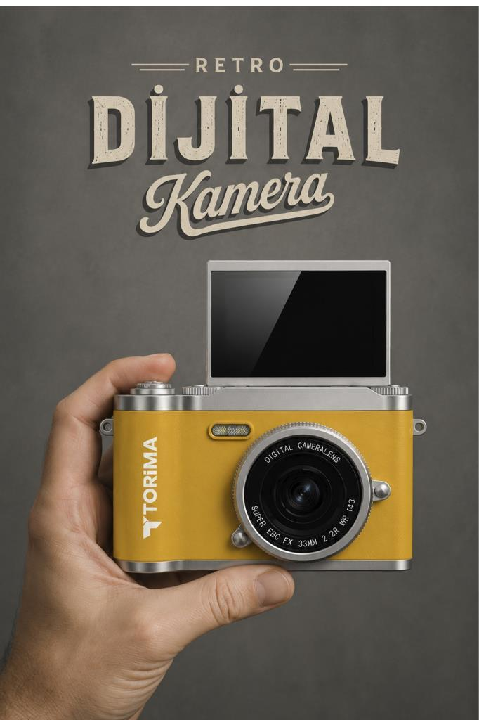 Bir el, gri bir arka plan önünde açılır ekranlı sarı bir retro dijital kamera tutuyor.