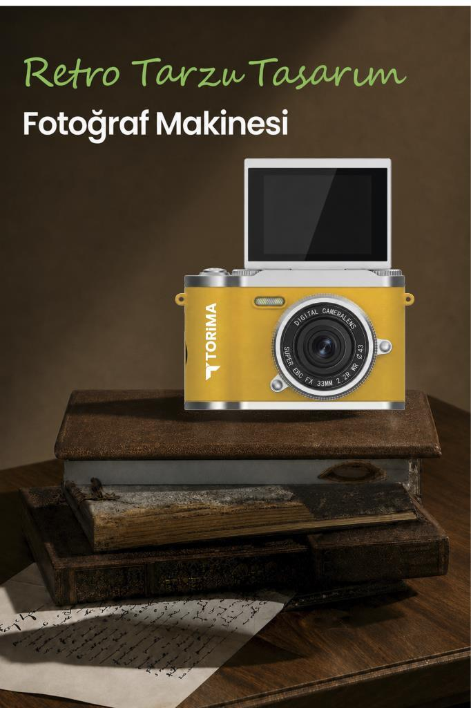 Üst kısmında Türkçe metin bulunan kahverengi fon önünde eski kitaplar üzerinde sarı retro kamera.