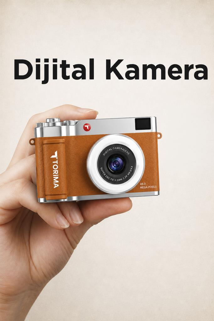 Bir el, üzerinde Torima markası olan kahverengi retro dijital kamerayı tutuyor, üstte Dijital Kamera yazısı var.