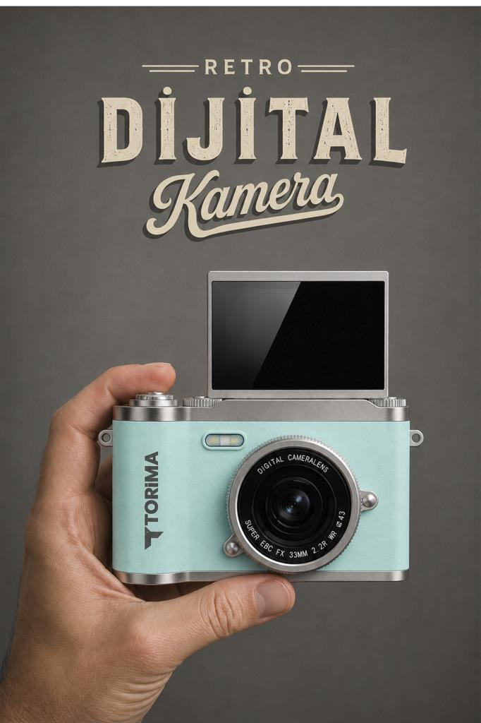 Bir el, gri bir arka plan önünde açılır ekranlı nane yeşili retro dijital kamera tutuyor.