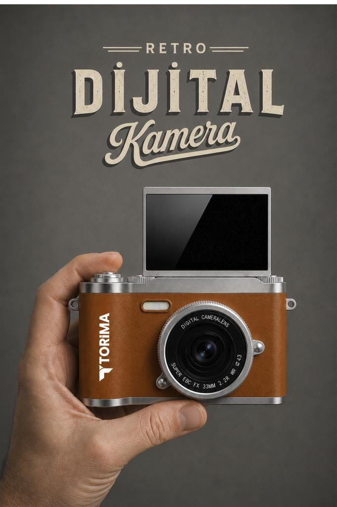 Bir el, gri bir arka plan önünde açılır ekranlı kahverengi retro dijital kamera tutuyor.