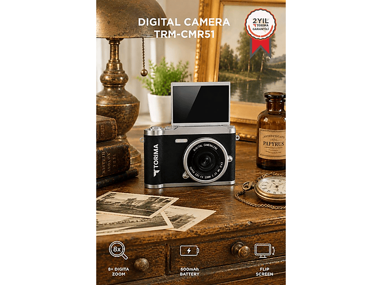 TORIMA CMR51 Mini Dijital Retro Kamera 48MP 8X Zoom Flip Ekranlı Selfie Video Vlog Kamerası Siyah