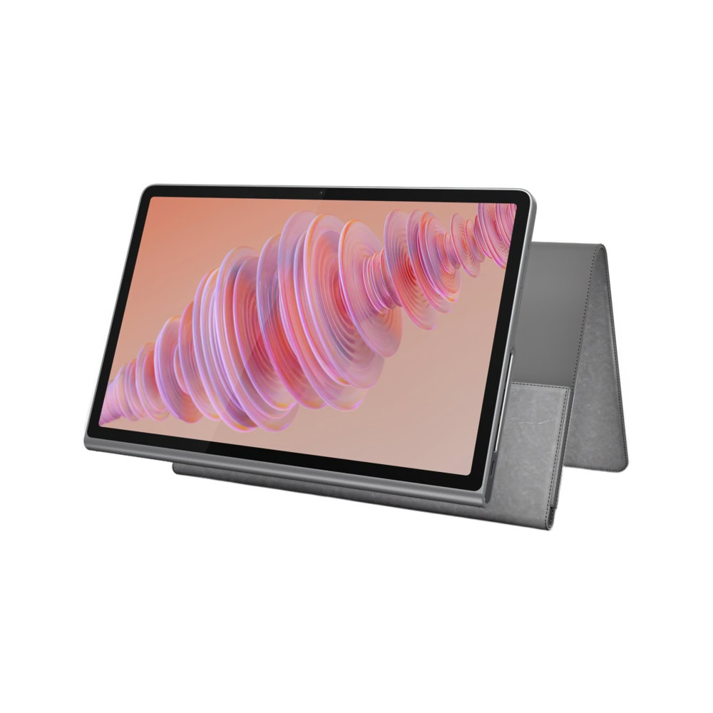 Gri stanttaki bir tablet, beyaz arka planda pembe spiral bir arka plan gösterir.