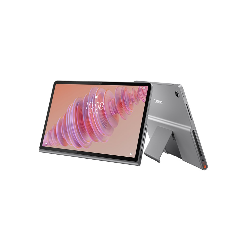 Destek ayaklı gri bir Lenovo tablet, pembe bir spiral ekran gösteriyor.