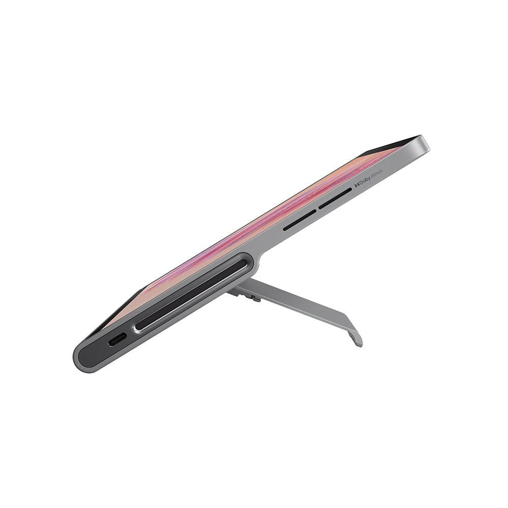 Beyaz arkaplanda yerleşik standı ve Dolby Atmos logosu olan gri bir tablet.