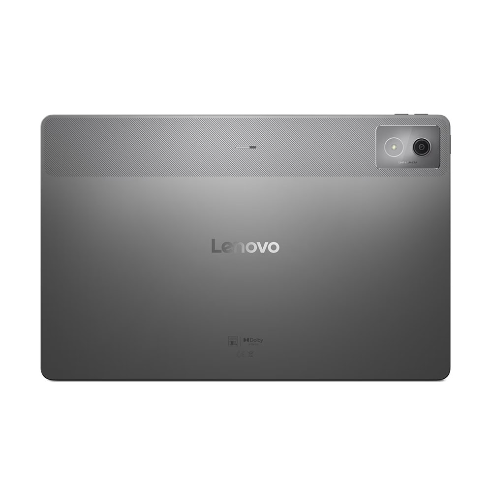 Sağ üstte kamera ve ortada Lenovo logosu olan gri bir Lenovo tabletin arka yüzü.