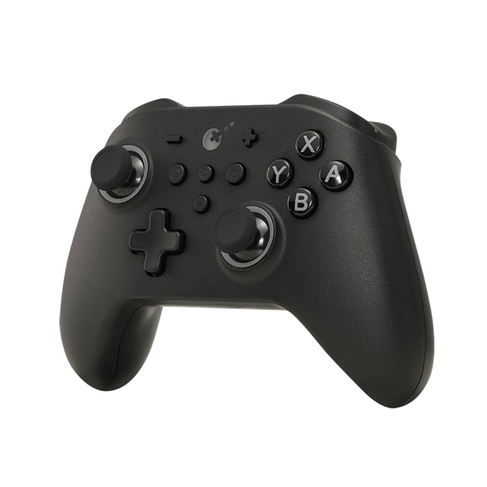 Beyaz arkaplanda çift joystick, yön tuşu ve A, B, X, Y düğmelerine sahip siyah oyun kumandası.
