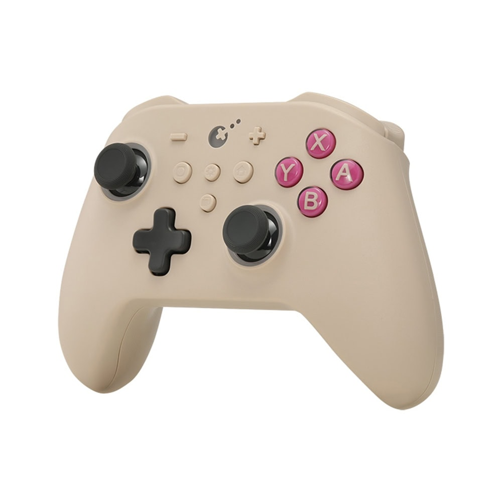 Beyaz arka planda pembe A, B, X, Y tuşlarına, iki siyah joystick'e ve bir yön tuş takımına sahip bej oyun kumandası.