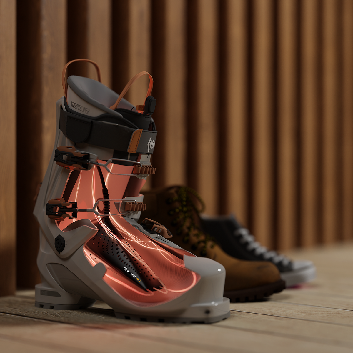 Ein Skischuh im Querschnitt mit warmem roten Leuchten innen, vor einer Holzwand.