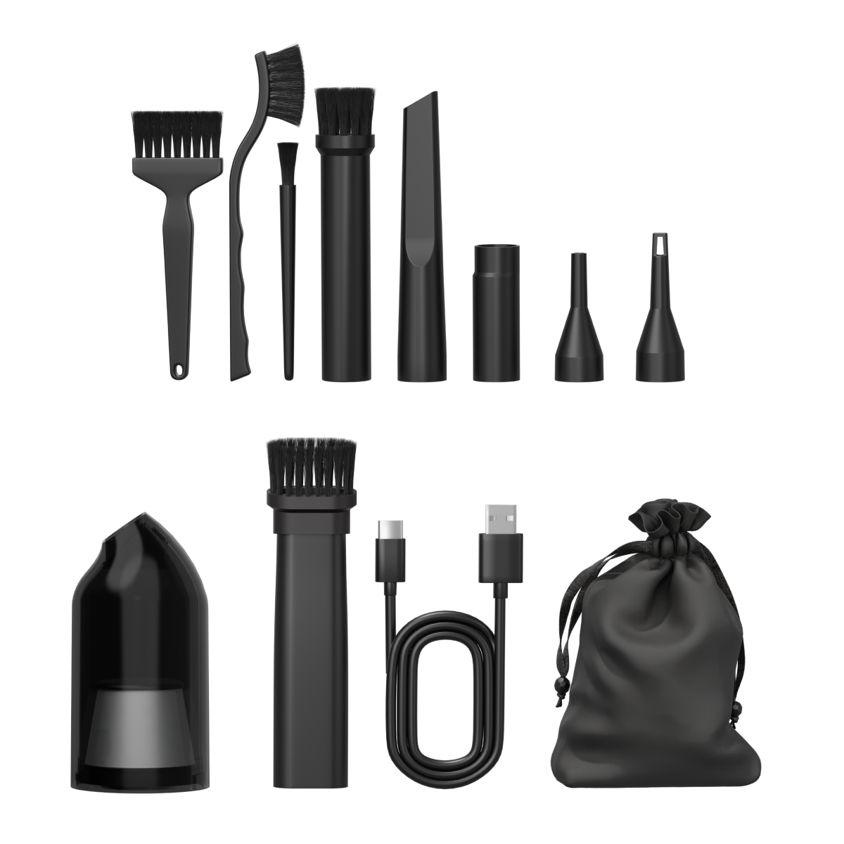 Schwarzes Reinigungsset mit verschiedenen Bürsten, Aufsätzen, einem USB-Kabel und einer Tasche auf weißem Hintergrund.