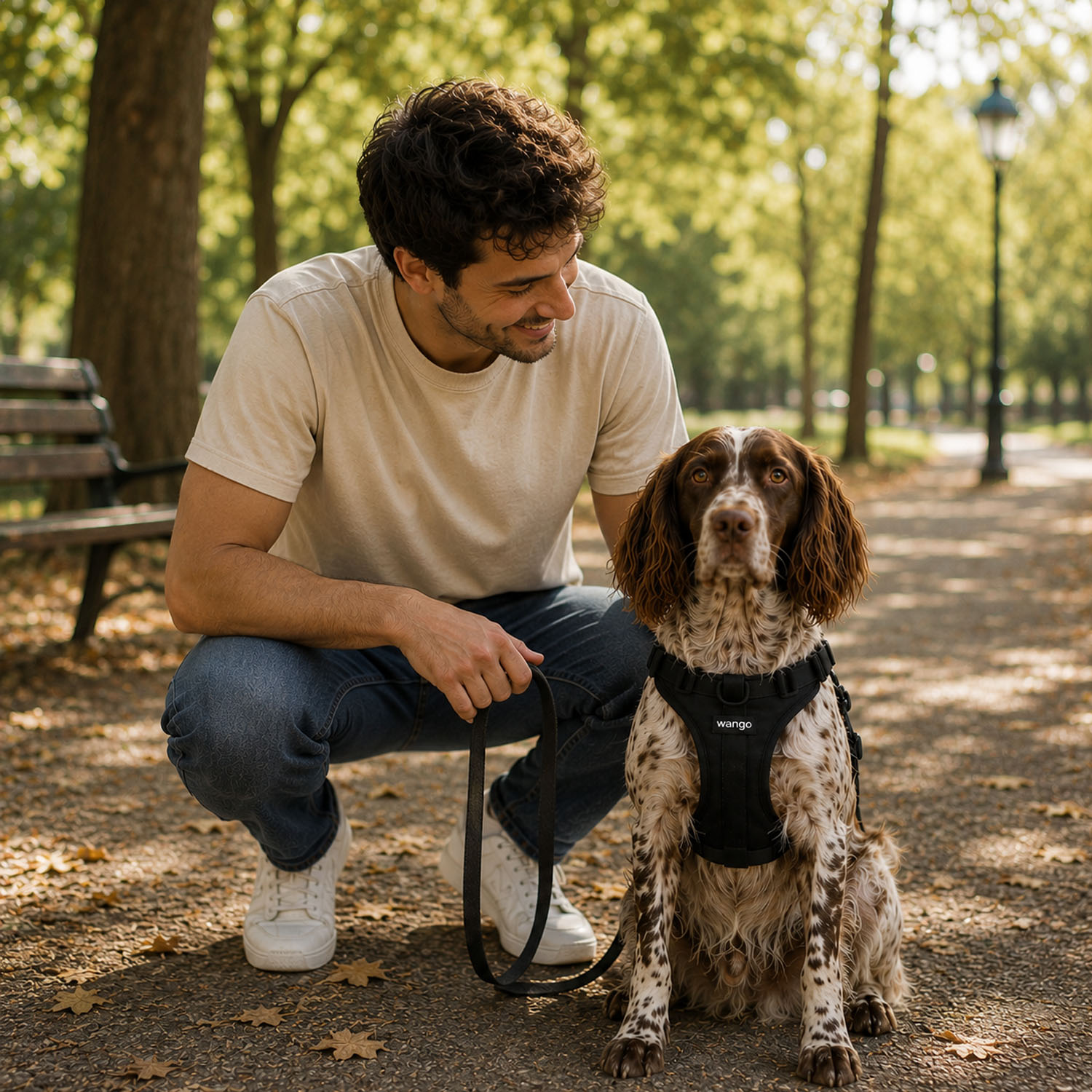 Un hombre sonríe a su perro manchado en un sendero del parque.