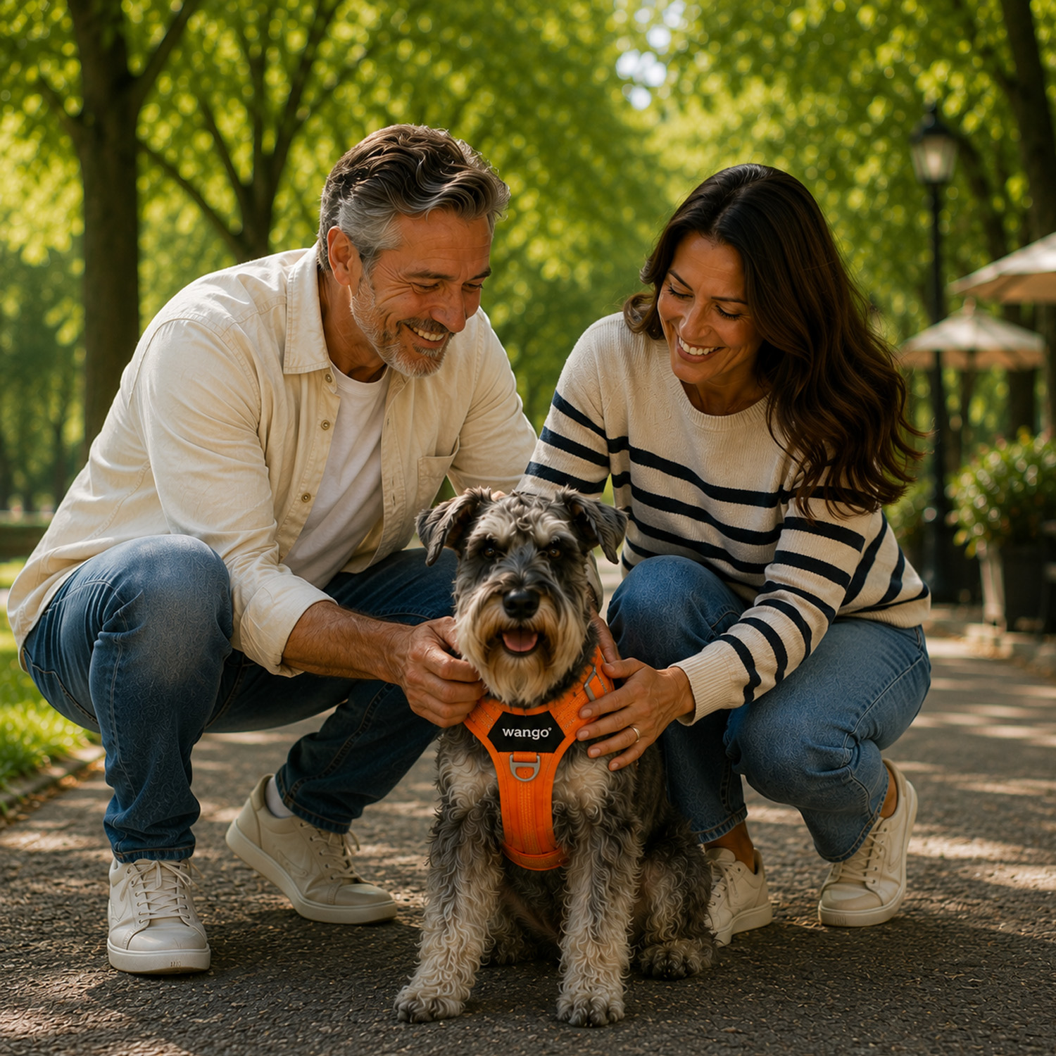 Pareja arrodillada en un sendero del parque acariciando un schnauzer gris con arnés naranja.