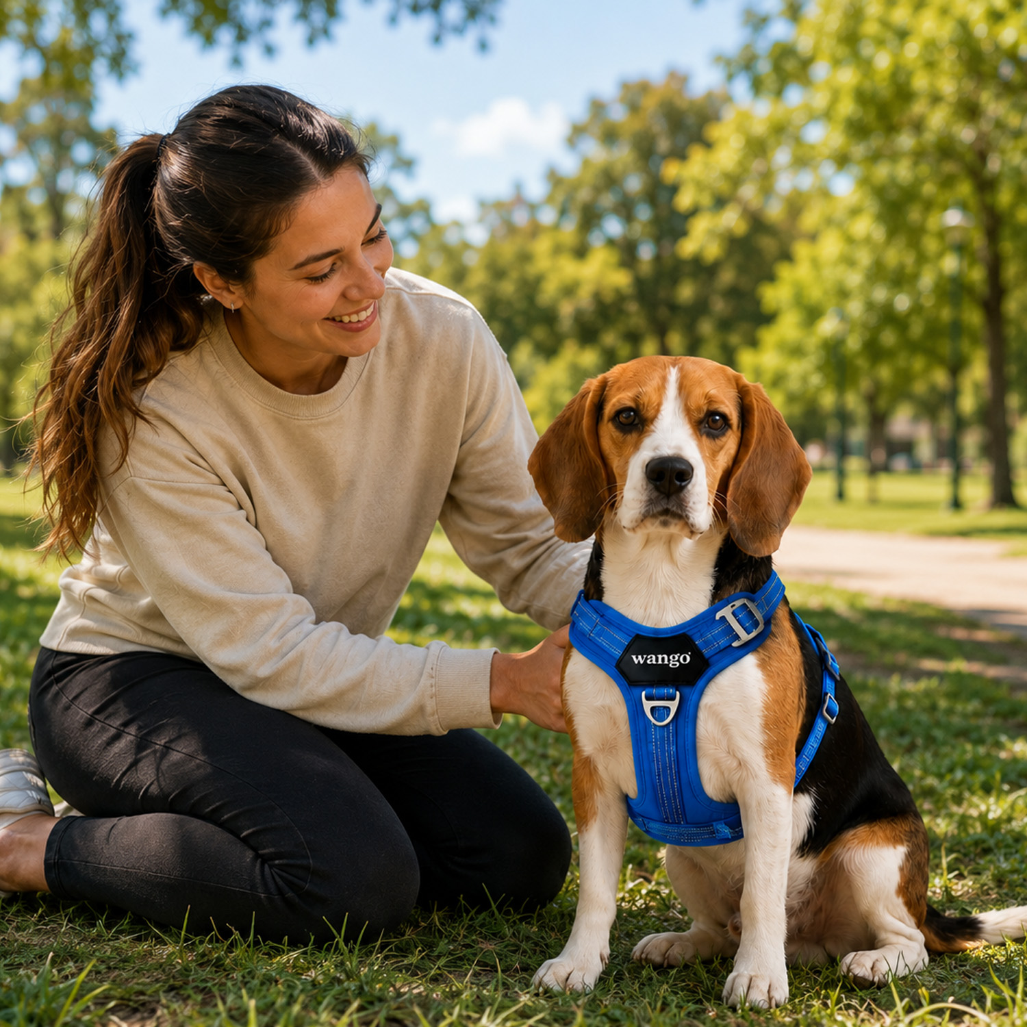Una mujer con suéter beis se arrodilla en el césped, sonriendo a un beagle con un arnés azul.
