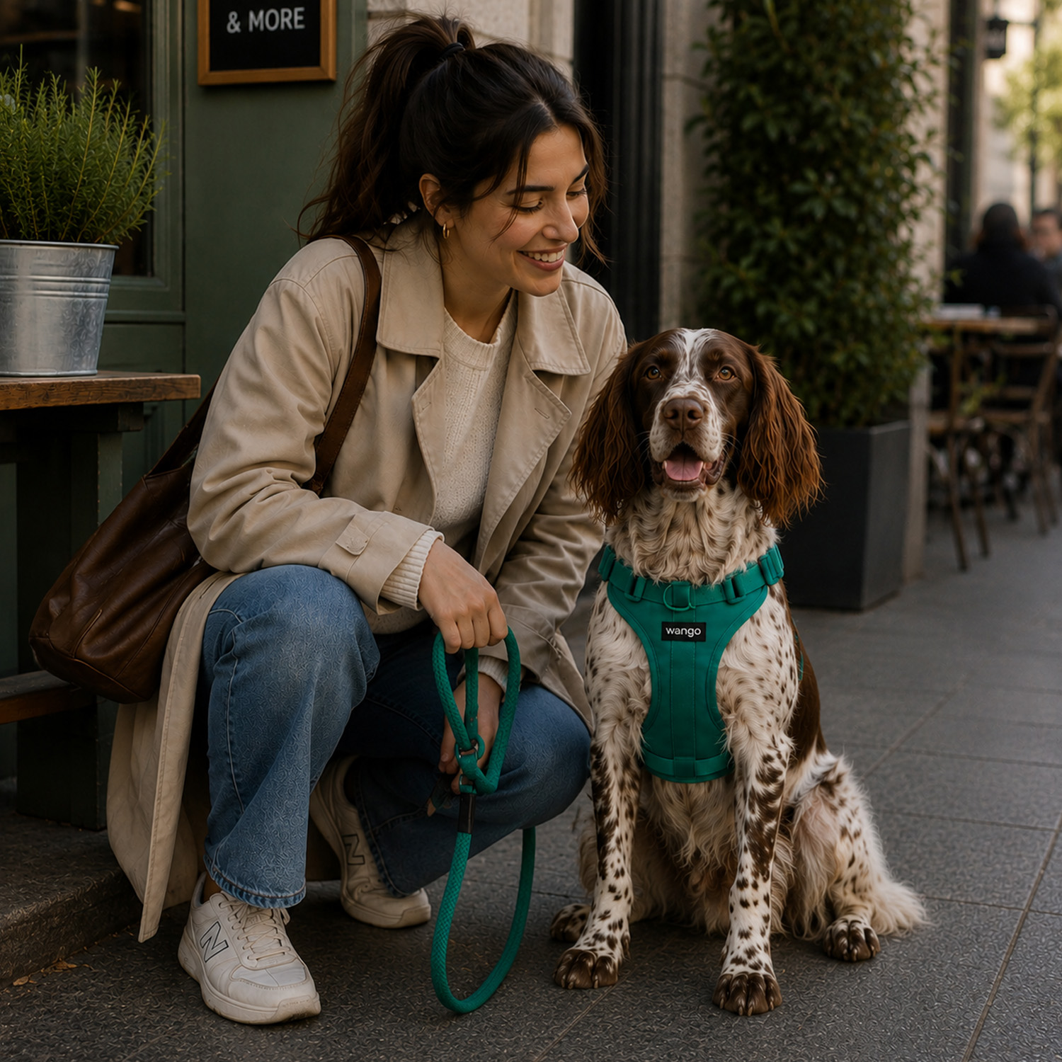Una mujer sonriente con abrigo beis se acurruca junto a su perro manchado en una acera.