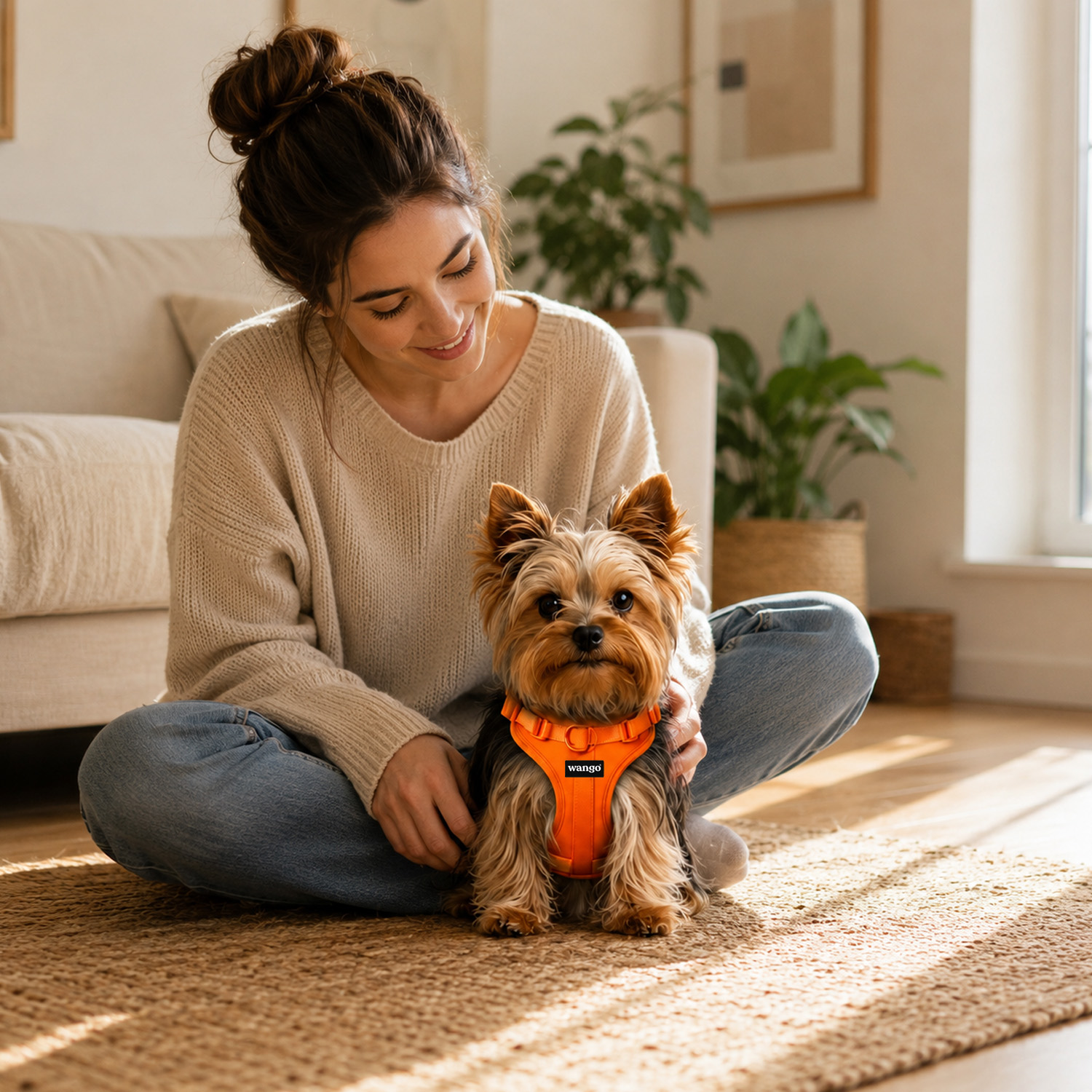 Una mujer se sienta en una alfombra en una sala luminosa, sosteniendo a su yorkshire terrier con arnés naranja.