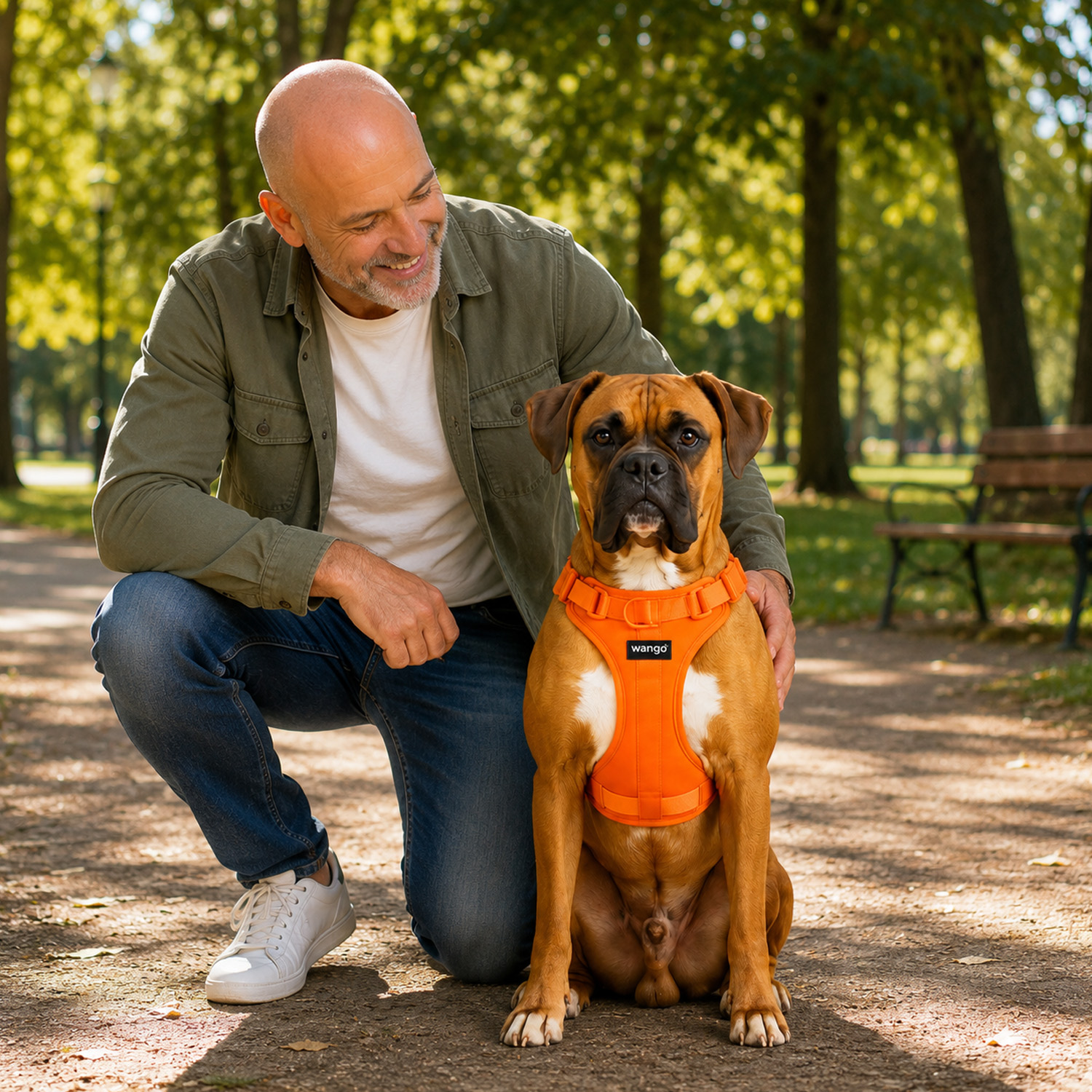 Un hombre sonriente se arrodilla en un parque junto a un perro bóxer con arnés naranja, con árboles y un banco al fondo.