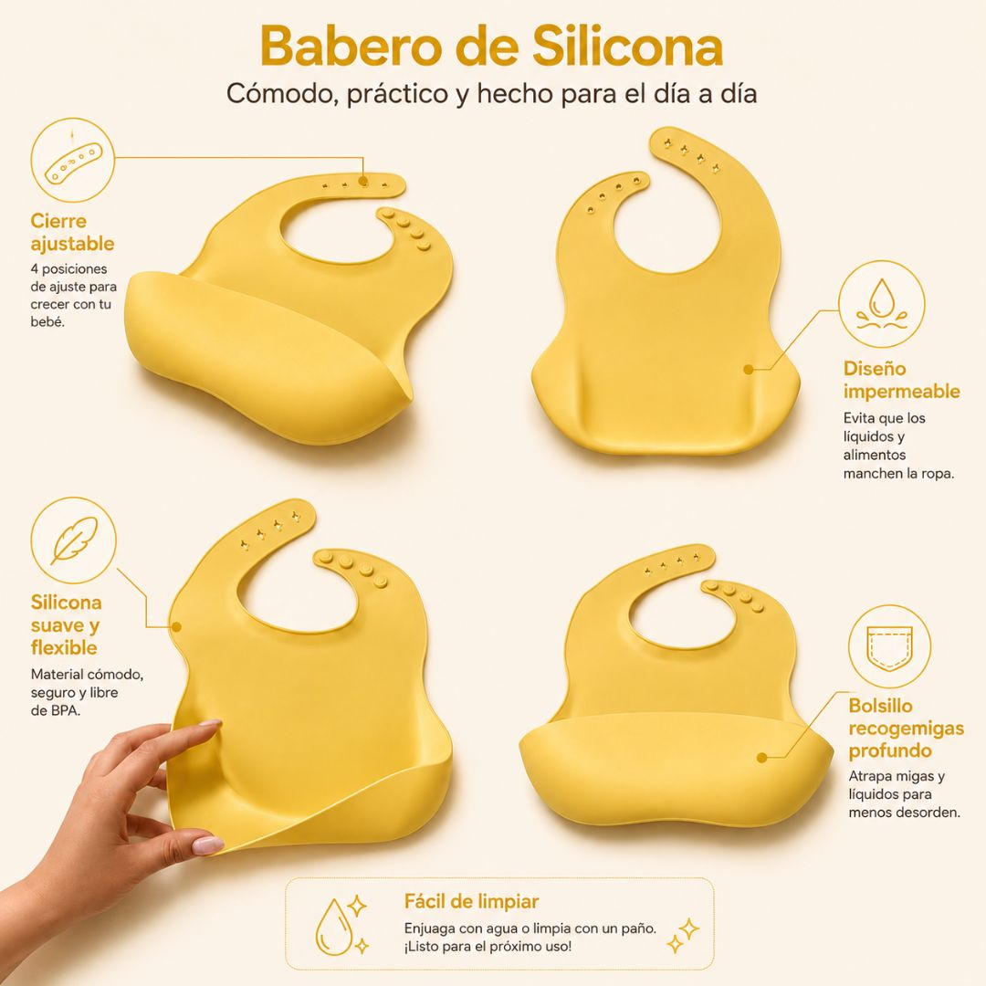 Babero de silicona amarillo con cierre ajustable, bolsillo profundo y diseño impermeable fácil de limpiar.