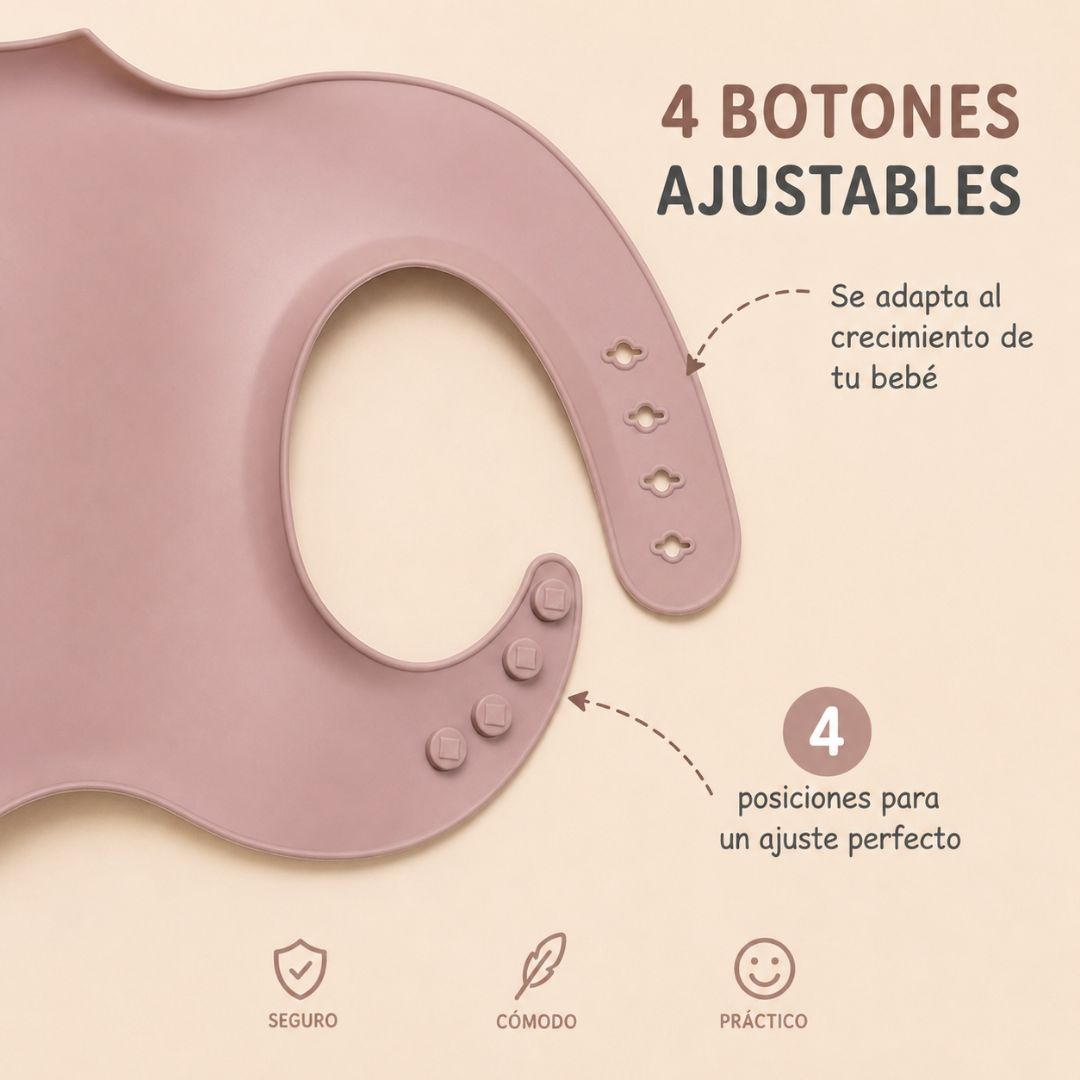 Babero de silicona rosa con cuatro botones ajustables e iconos de seguro, cómodo y práctico.