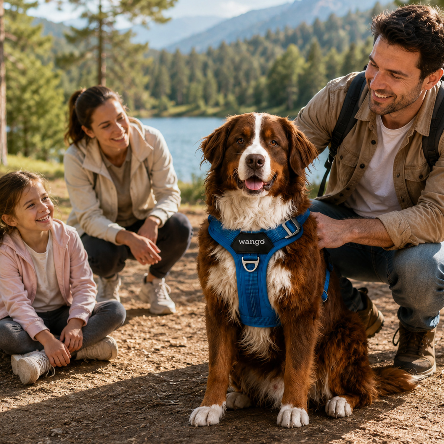 Una familia sonriente posa al aire libre junto a un lago con su gran Boyero de Berna con arnés azul.
