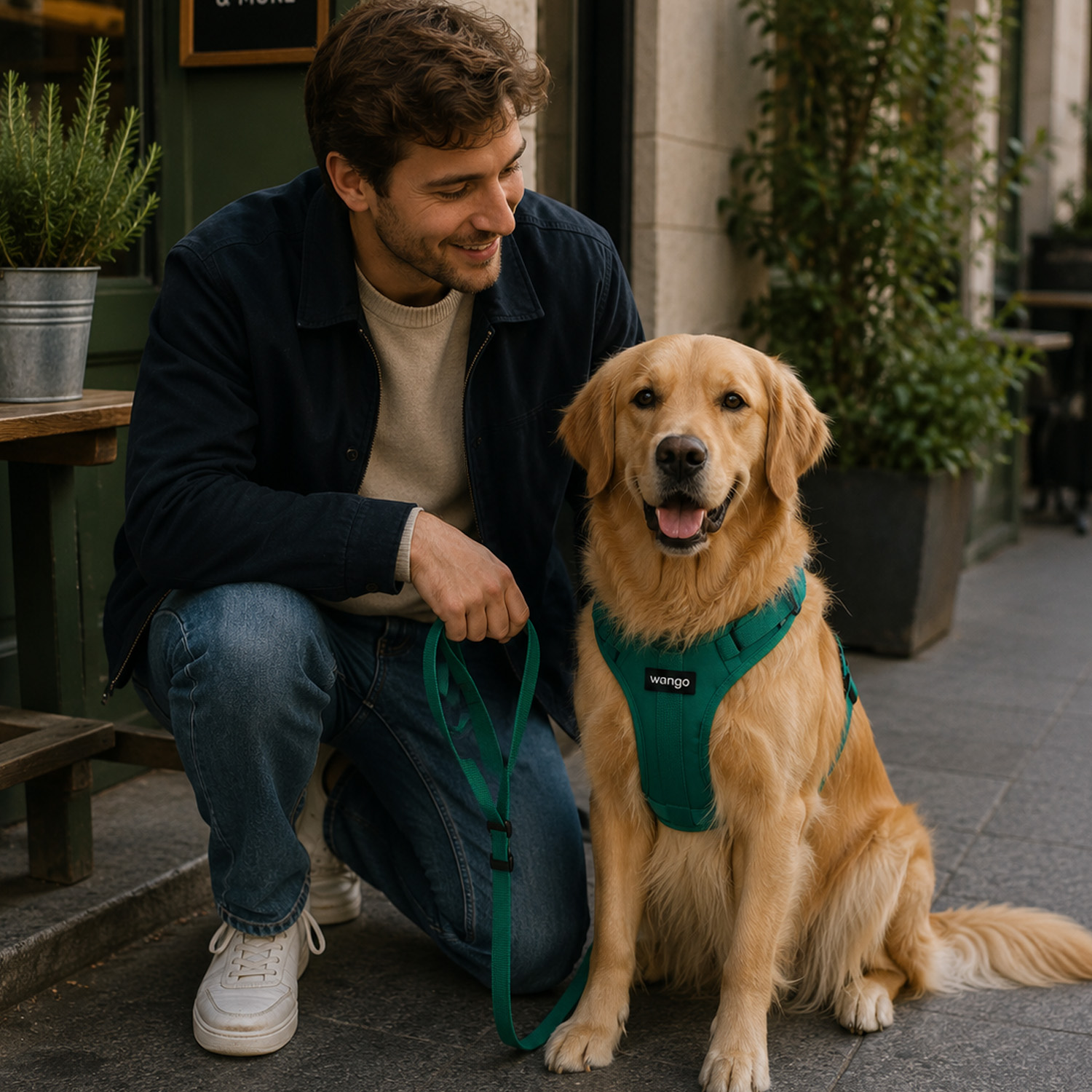 Un hombre con chaqueta azul se arrodilla junto a un golden retriever sonriente con arnés verde en la acera.