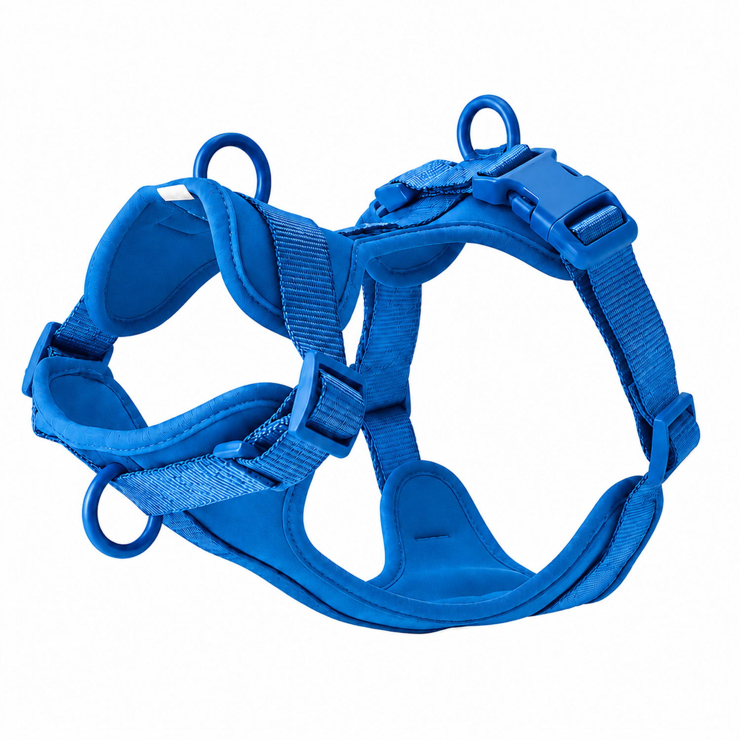 Un arnés azul para perros con correas ajustables y anillas de metal sobre fondo blanco.