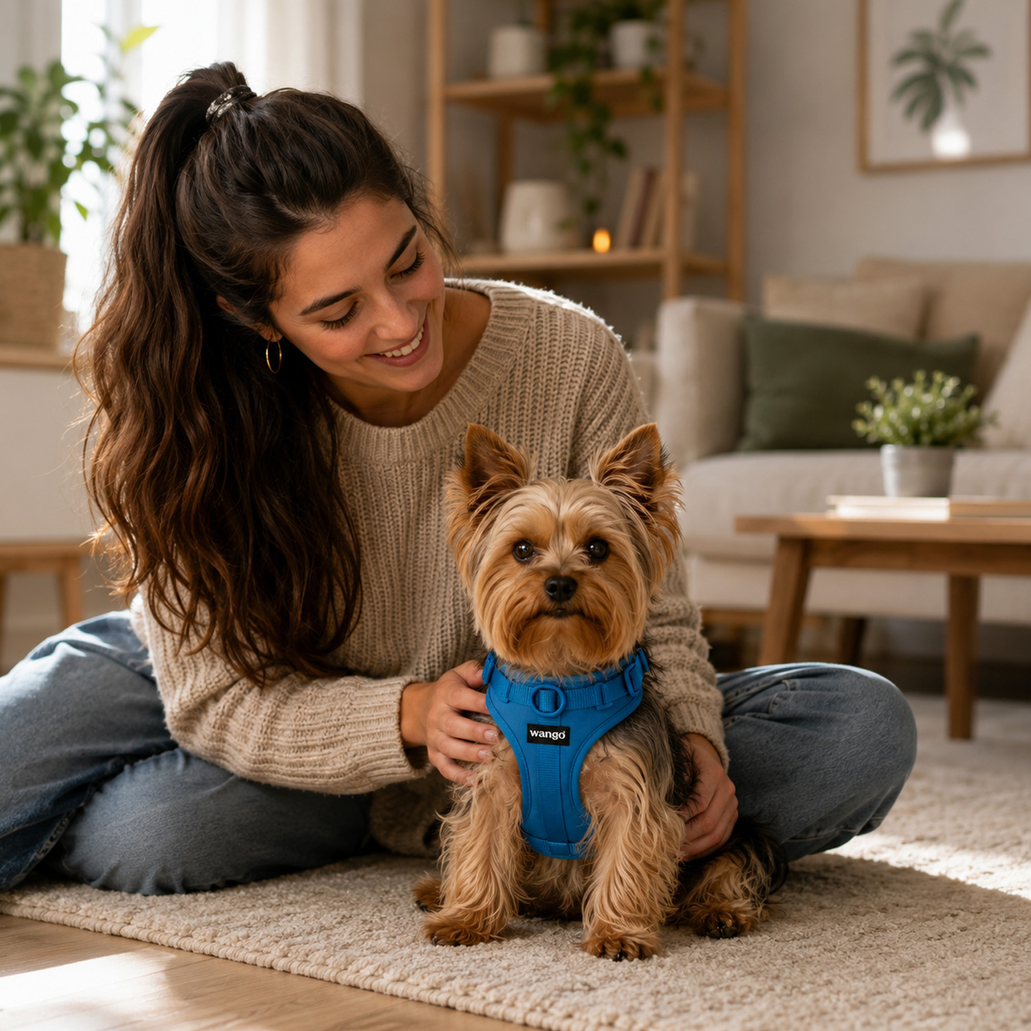 Una mujer con suéter se sienta en una alfombra y acaricia a un Yorkshire Terrier con un arnés azul.