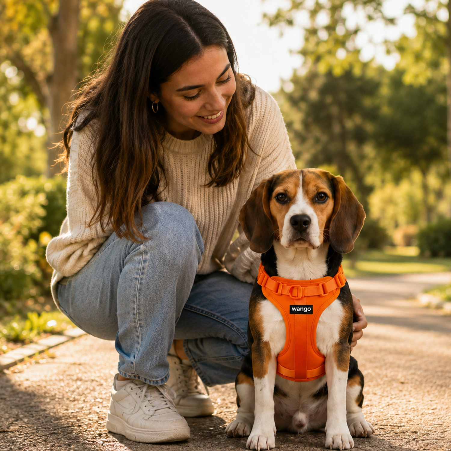 Una mujer se agacha en un camino de parque, sonriendo y sosteniendo a un Beagle con arnés naranja.