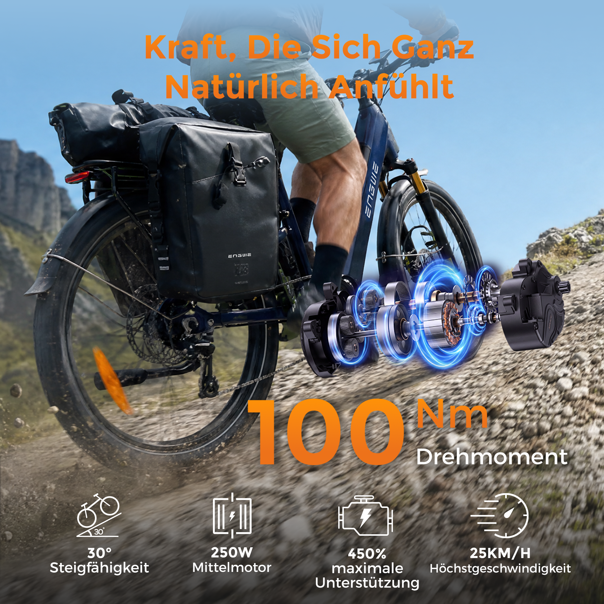 E-Bike mit Packtaschen auf Schotterweg, eingeblendeter Motor und technische Daten wie 100 Nm Drehmoment.
