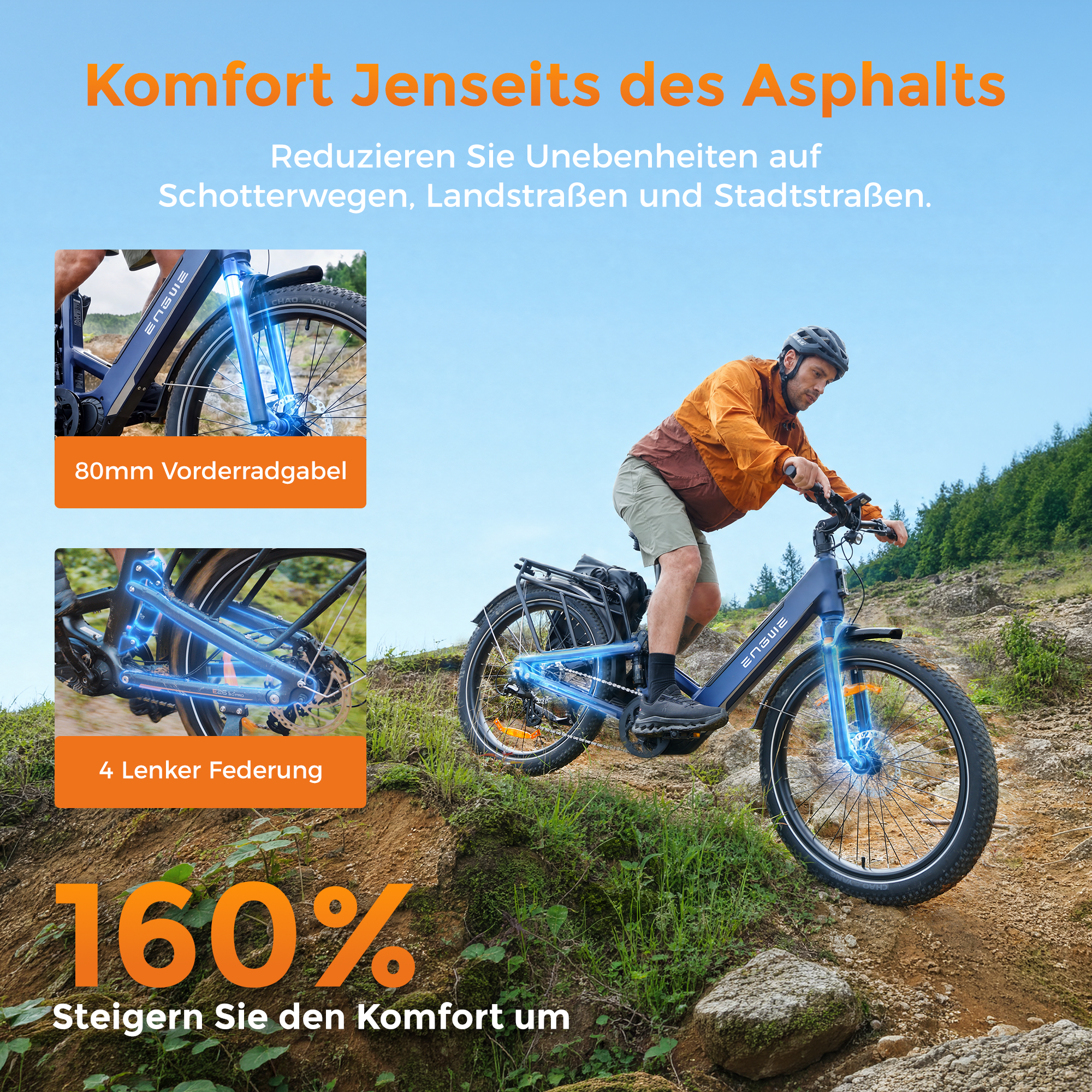Ein Mann fährt ein blaues E-Bike auf einem steinigen Hügel, mit Insets der Vorderradgabel und Federung.