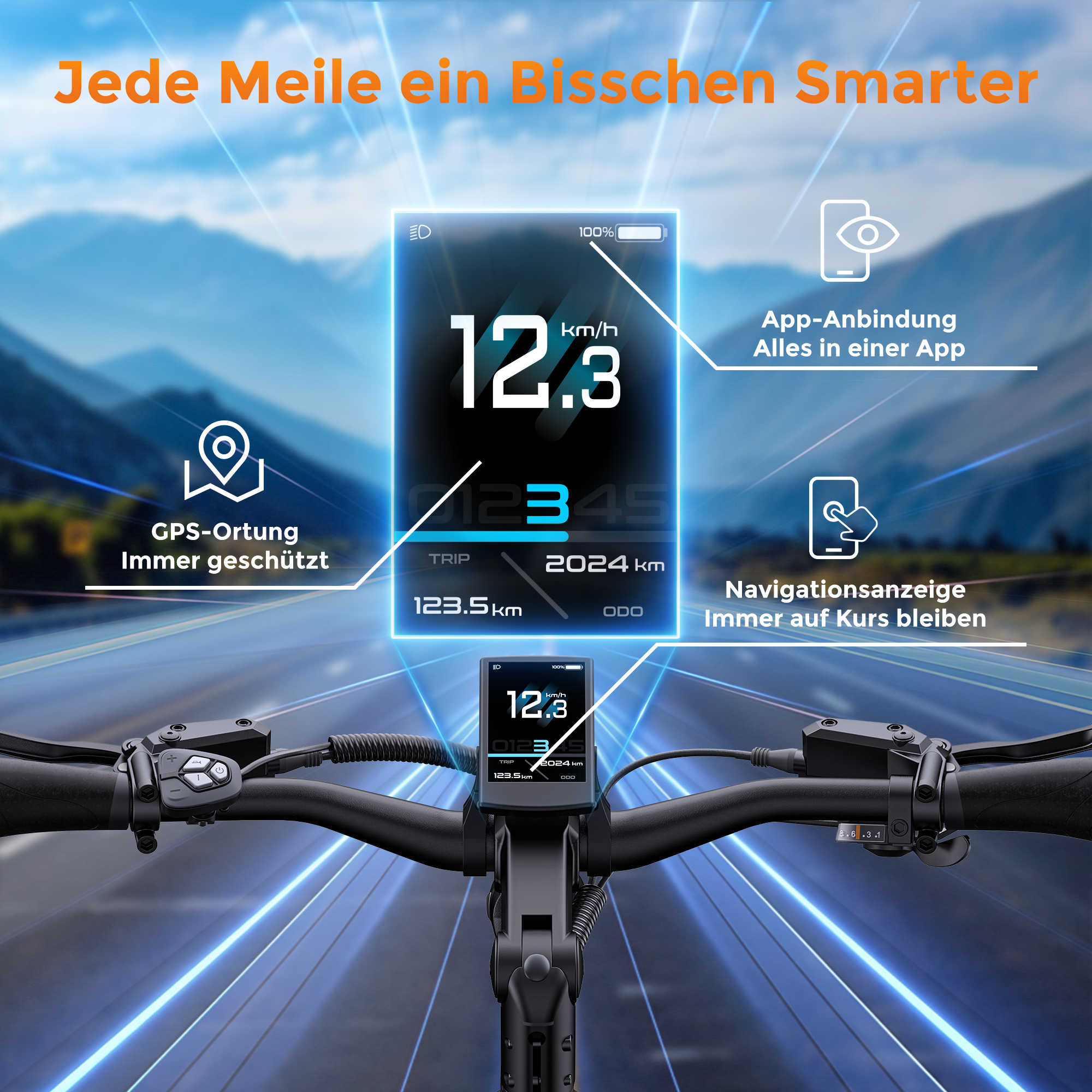 E-Scooter-Lenker mit digitalem Display und Mountain-Hintergrund.