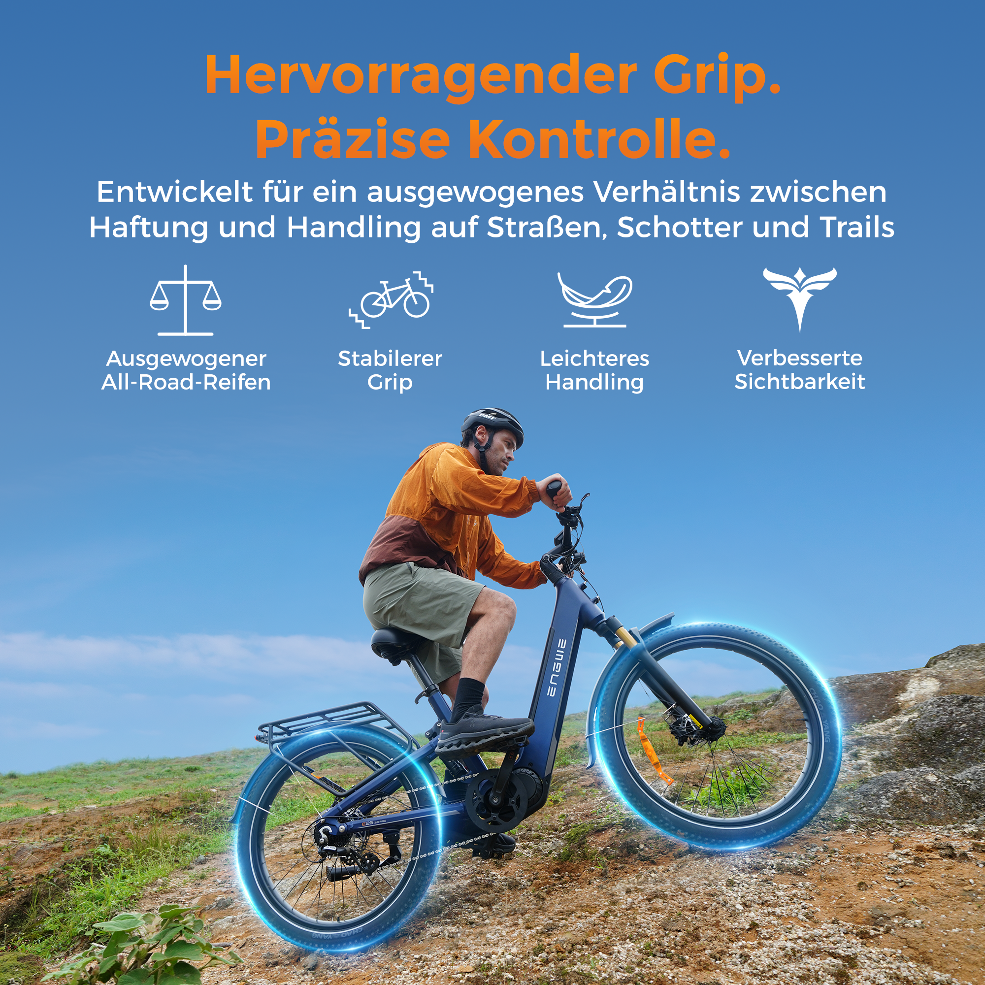 Ein Radfahrer fährt mit einem E-Bike auf einem steinigen Weg bergauf, mit deutschem Text und Symbolen oben.