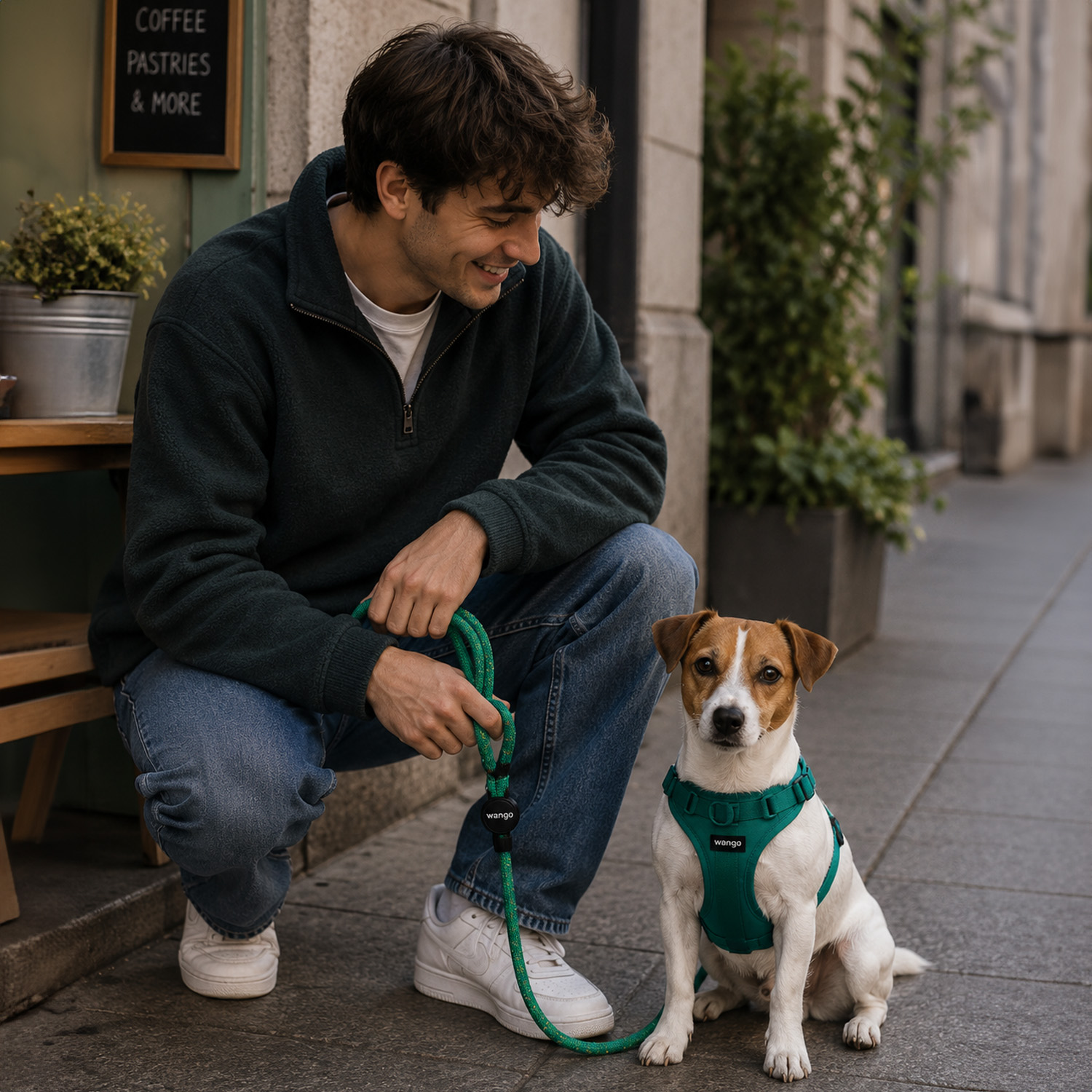Un hombre con forro polar verde oscuro agachado en la acera sostiene la correa de un Jack Russell terrier con arnés verde.